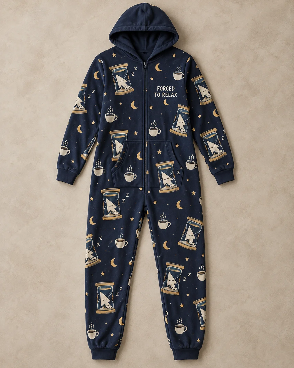 Adult navy zip-up lounge suit concept with a repeating moon, cursor and coffee pattern